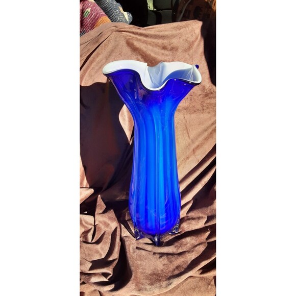 Cased Glass Blown Vase by Cavalier, Blue & White - Picture 1 of 10